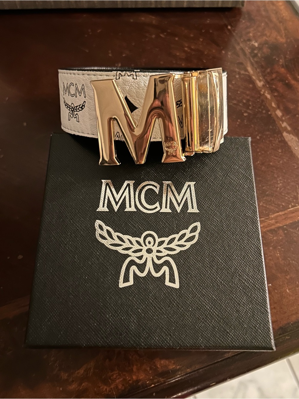MCM White Logo Leather Belt with Gold 'M' Buckle Reversible
